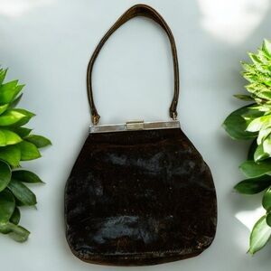 Vintage Furla Black/Dark Green Velvet w/Orange undertone made in Italy Hand Bag.